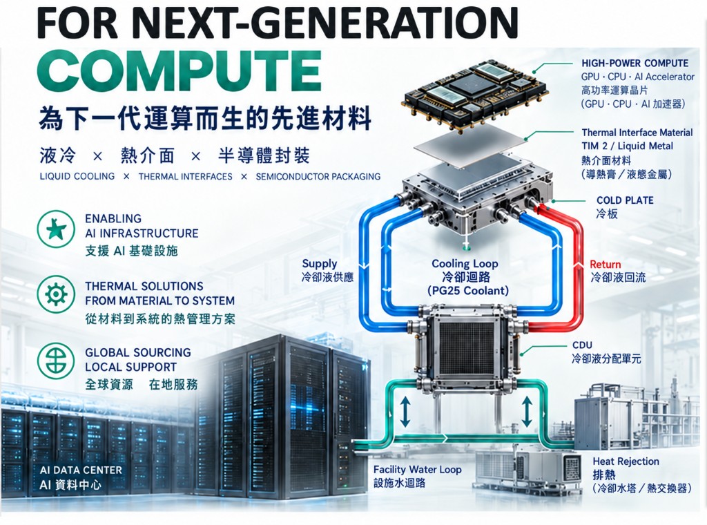 系統總覽完整資訊圖：FOR NEXT-GENERATION COMPUTE 為下一代運算而生的先進材料 — 液冷 × 熱介面 × 半導體封裝；支援 AI 基礎設施、從材料到系統的熱管理方案、全球資源 在地服務；高功率運算晶片（GPU · CPU · AI 加速器）→ 熱介面材料（TIM 2／液態金屬）→ 冷板；冷卻迴路（PG25 冷卻液）供應／回流、冷卻液分配單元（CDU）、AI 資料中心機櫃、設施水迴路與排熱（冷卻水塔／熱交換器）